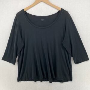 EILEEN FISHER Top XL Silk Cotton Interlock Jersey Scoop Neck Elbow Sleeve Black